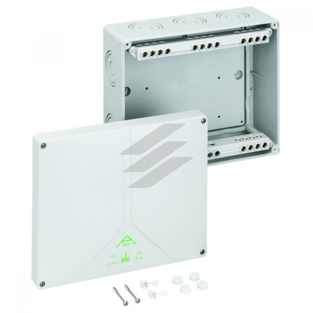 Розподільча коробка Abox-i 250-25² (250x200x115), клема 5пол.х25мм² (4х10²/4х16²/4х25² на кожний пол.), полікарбонат, введеня-14 місць (10-М20/М40/М50, на днищі: 2-М20, 2-М25/М32), IP65, Spelsberg